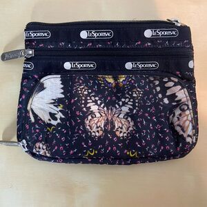 LeSportsac Triple Zipper Butterfly Cosmetic Jewelry Travel Pouch Black Nylon